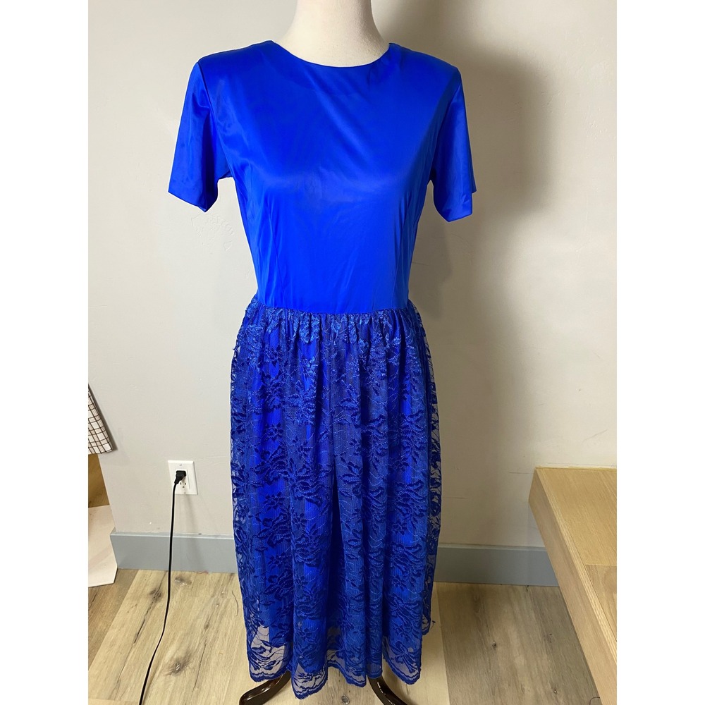 Vintage Royal Blue Lace Midi Dress Short Sleeve 60s 70s V-Back Cocktail Prom